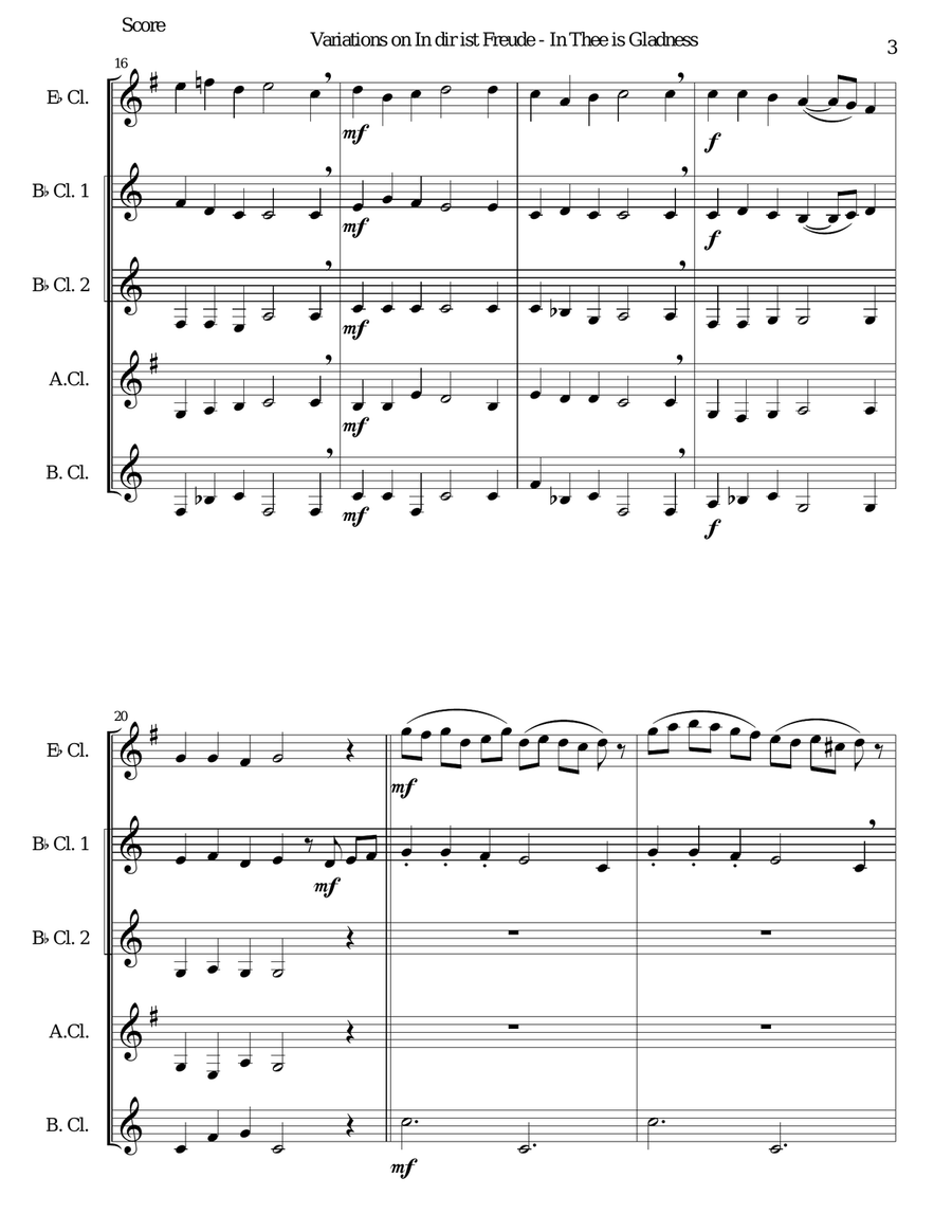 In dir ist Freude (In Thee is gladness) for clarinet quintet (E flat, 2 B flats, Alto, Bass) Clarinet Quintet scores gallery preview page 3