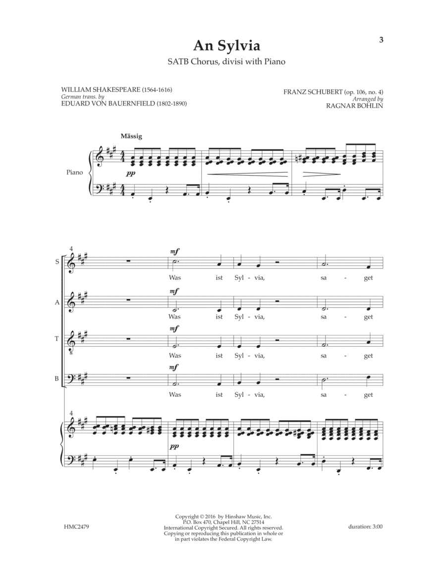 An Sylvia (op. 106, No. 4) (arr. Ragnar Bohlin) by Franz Schubert 4-Part - Digital Sheet Music