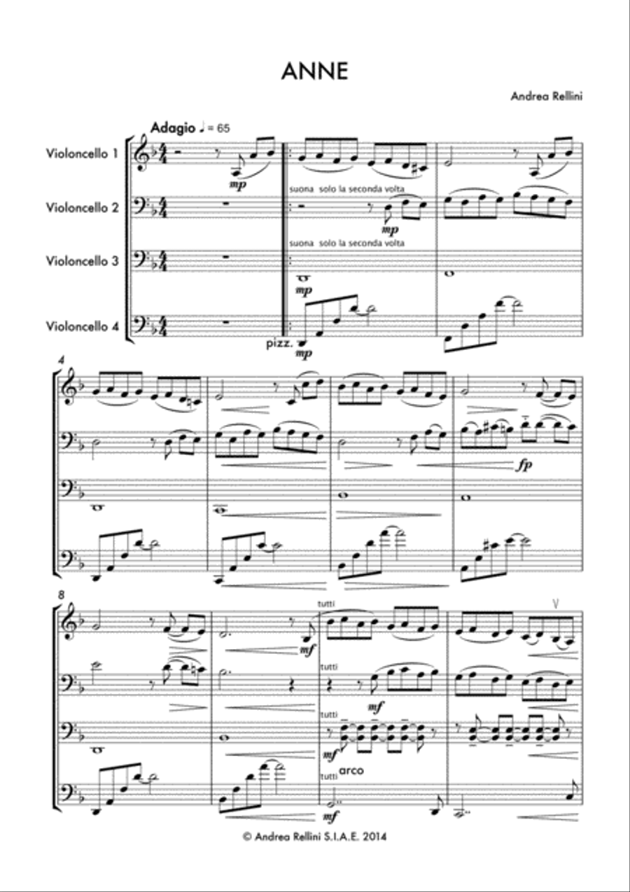 Anne 1 (Cello Quartet) String Quartet scores gallery preview page 2