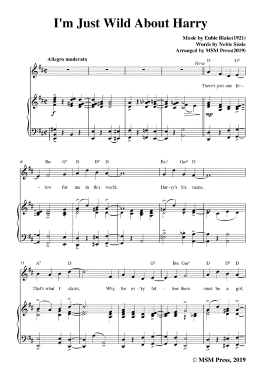 Eubie Blake-I'm Just Wild About Harry,in D Major,for Voice&Piano Voice scores gallery preview page 3