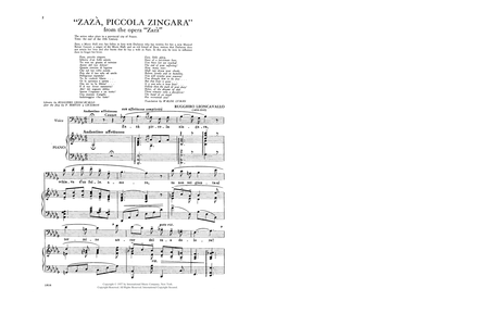 Zaza - An Opera In Four Acts Zaza, Piccola Zingara Aria For Baritone And Piano
