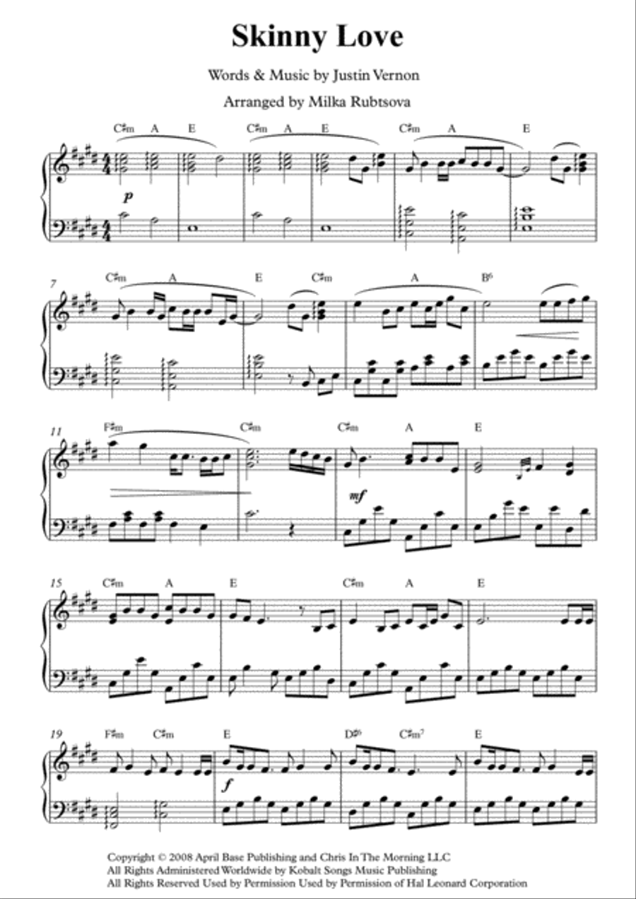 Skinny Love Piano Solo scores gallery preview page 1