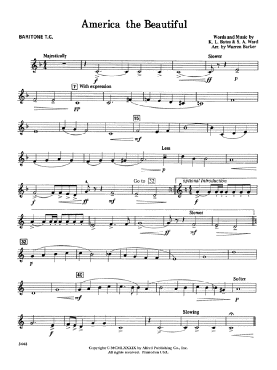 America, the Beautiful: Baritone T.C. Concert Band scores gallery preview page 1
