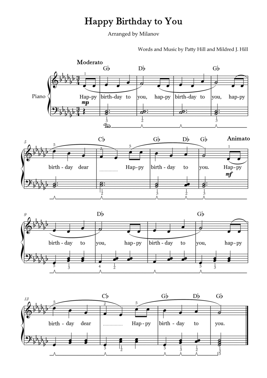 Happy Birthday to You in Gb Piano Easy Intermediate Chord Fingering Lyrics Pedal Easy Piano scores gallery preview page 1