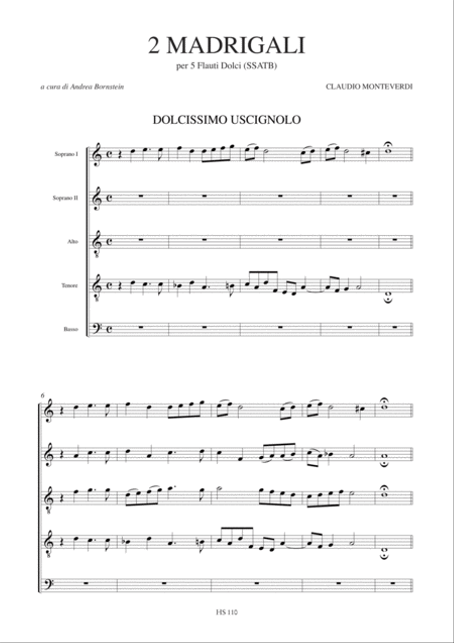 2 Madrigals (Dolcissimo uscignolo, Chi vol aver felice e lieto il core) for 5 Recorders (SSATB) SSATB scores gallery preview page 2