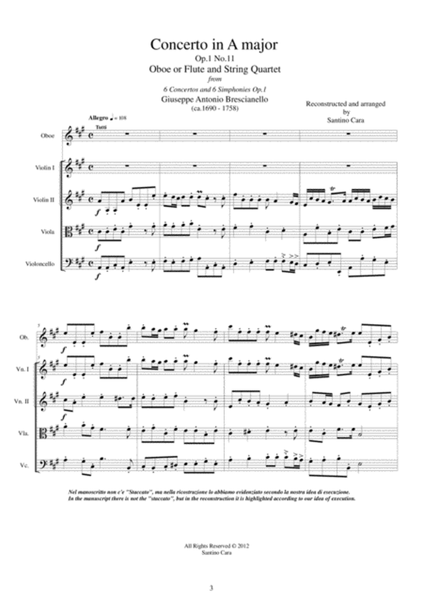 Brescianello - Concerto in A major Op.1 No.11 for Oboe (or Flute) and String Quartet image number null