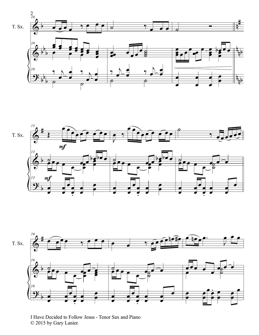Gary Lanier: I HAVE DECIDED TO FOLLOW JESUS (Duet – Tenor Sax & Piano with Parts) Woodwind Duet scores gallery preview page 3