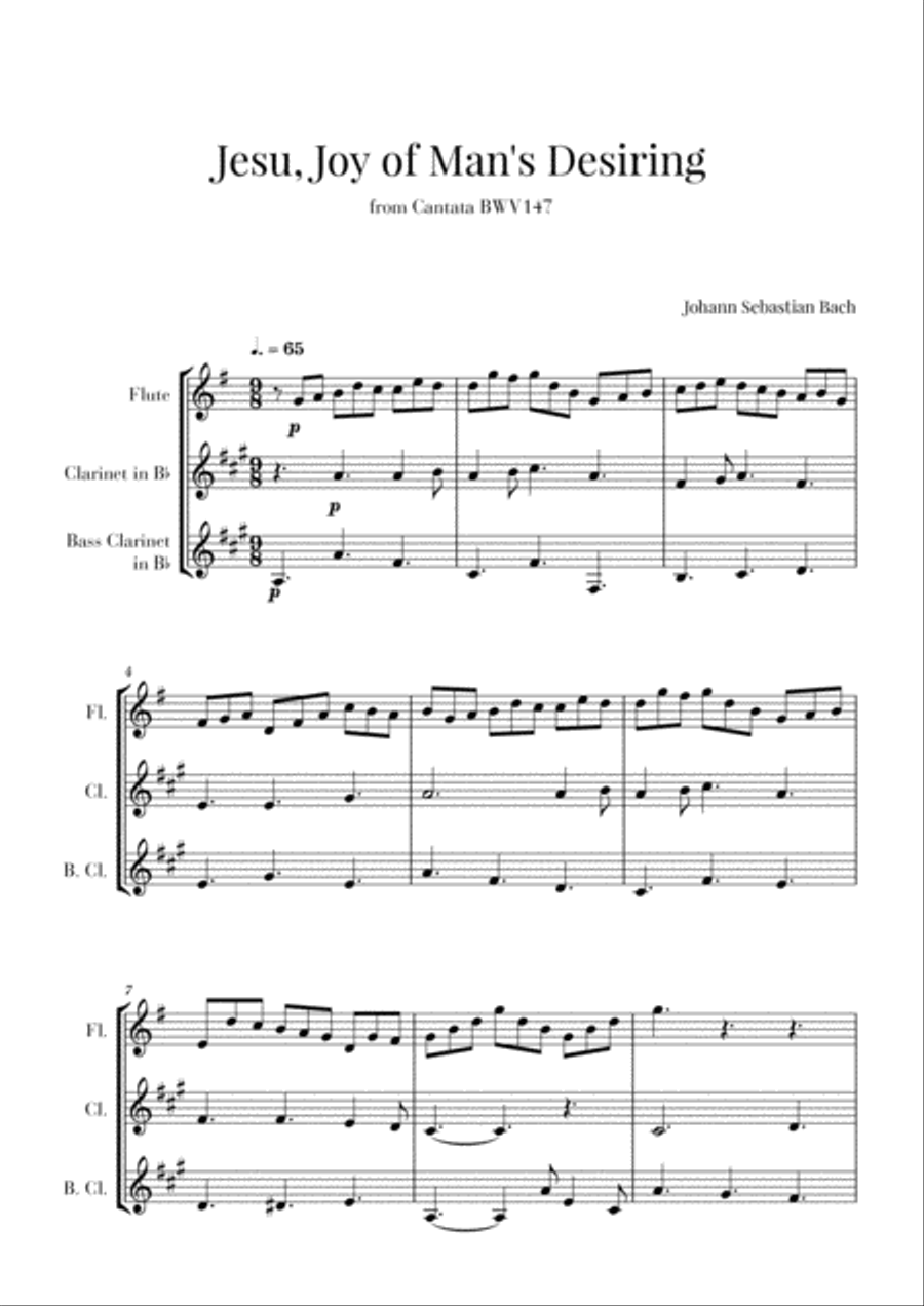 Bach - Jesu, Joy of Man's Desiring for Flute, Clarinet and Bass Clarinet Woodwind Trio scores gallery preview page 1