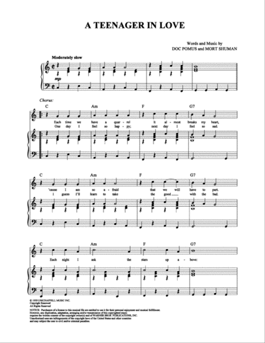 A Teenager in Love A Teenager in Love Piano, Vocal, Guitar scores gallery preview page 1