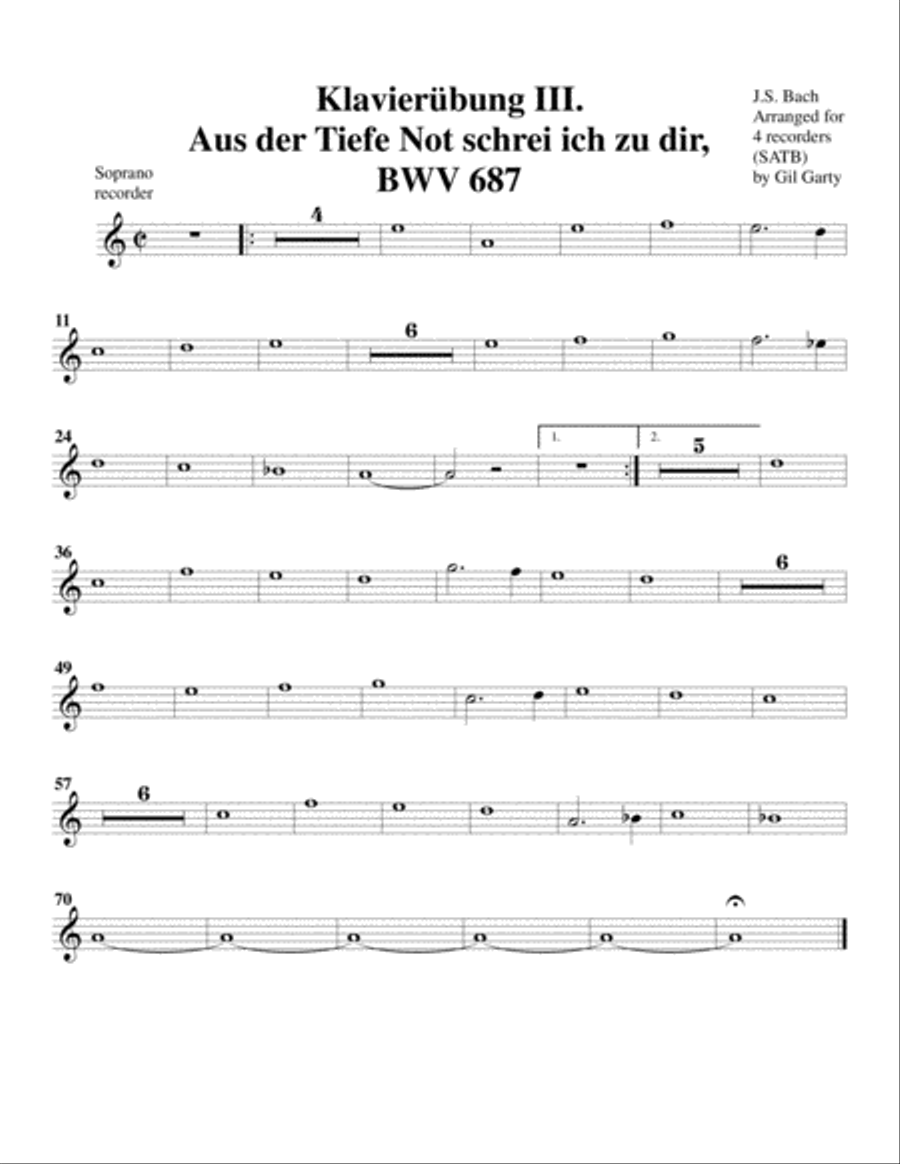 Aus der tiefe Not schrei ich zu dir, BWV 687 (Arrangement for 4 recorders) Recorder scores gallery preview page 3