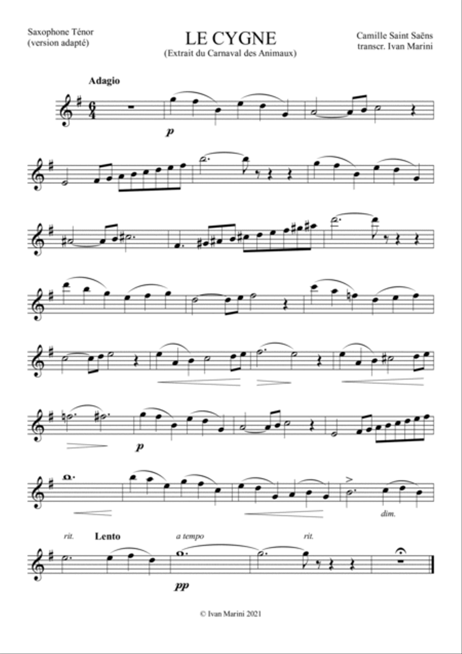 THE SWAN from The Carnival of the Animals - adapted for Tenor Sax and Piano Tenor Saxophone scores gallery preview page 2