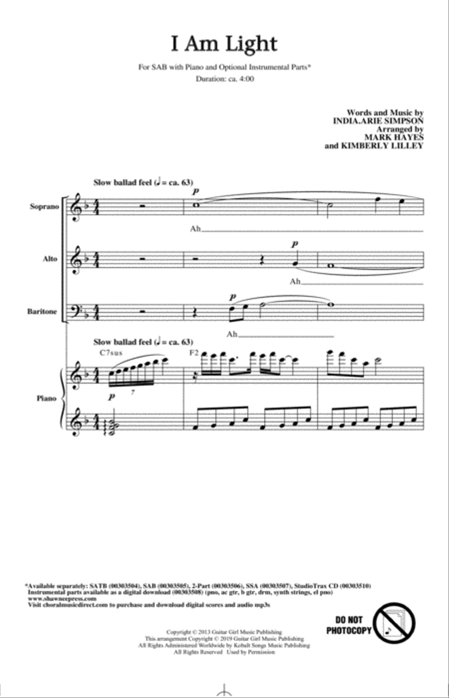 I Am Light (arr. Mark Hayes and Kimberly Lilley) 3-Part scores gallery preview page 1