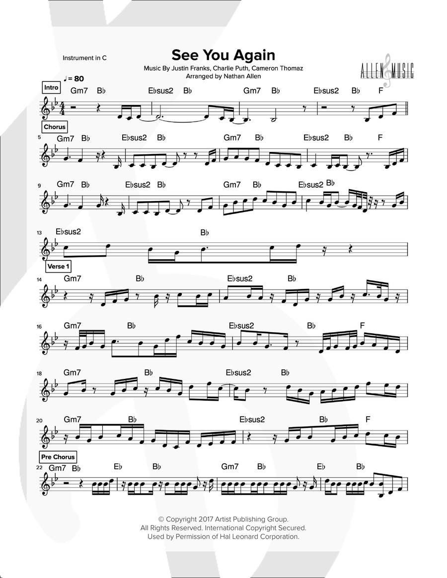 See You Again from FURIOUS 7 Small Ensemble scores gallery preview page 1
