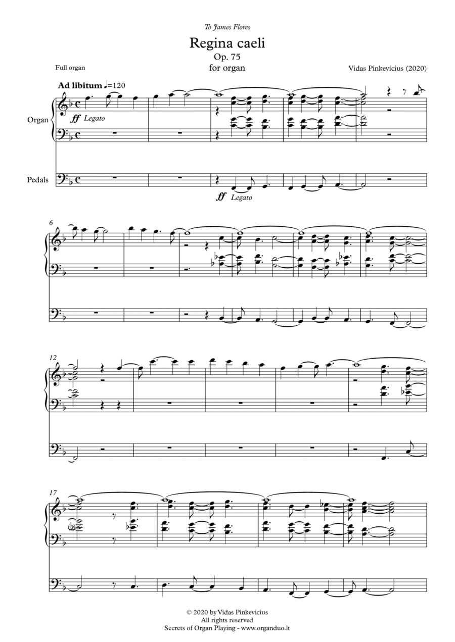 Regina caeli, Op. 75 for organ by Vidas Pinkevicius (2020) Organ Solo scores gallery preview page 1