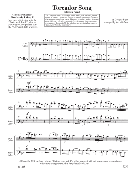 The Toreador Song - Bizet (Arrangements Level 3-5 for CELLO + Written Acc) image number null