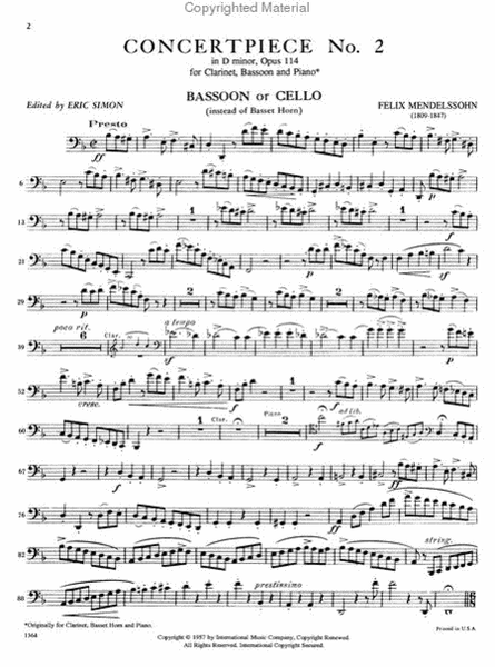 Concert Piece No. 2 in D minor, Op. 114 for Clarinet, Bassoon (or Cello) & Piano or 2 Clarinets & Piano by Felix Bartholdy Mendelssohn Bassoon - Sheet Music