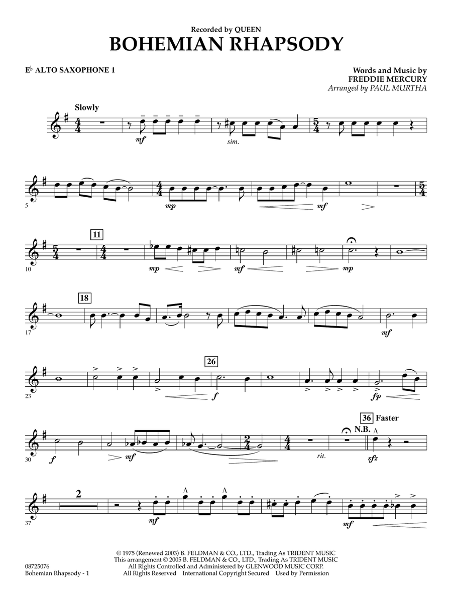 Bohemian Rhapsody (arr. Paul Murtha) - Eb Alto Saxophone 1 Concert Band scores gallery preview page 1