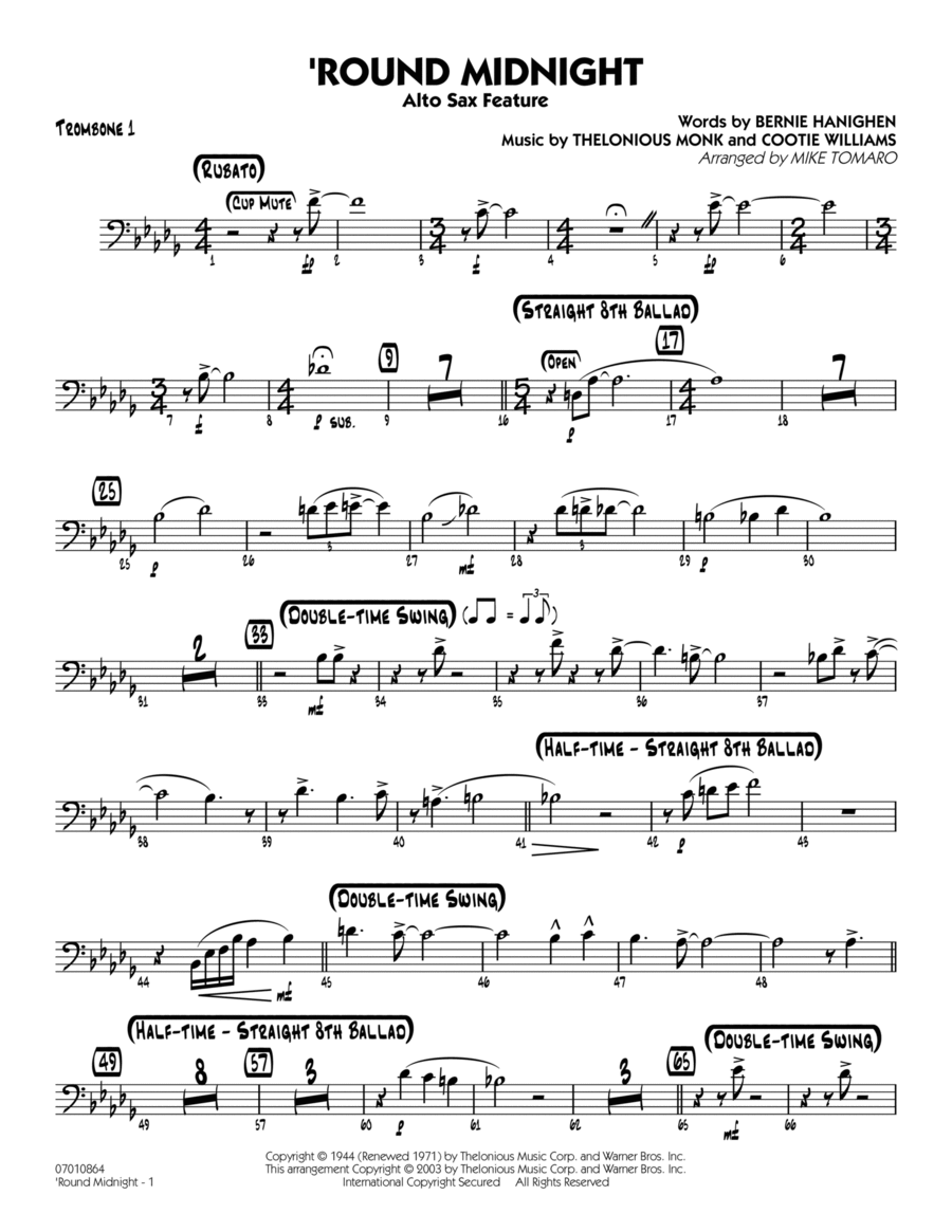 'Round Midnight (arr. Mike Tomaro) - Trombone 1 Jazz Ensemble scores gallery preview page 1