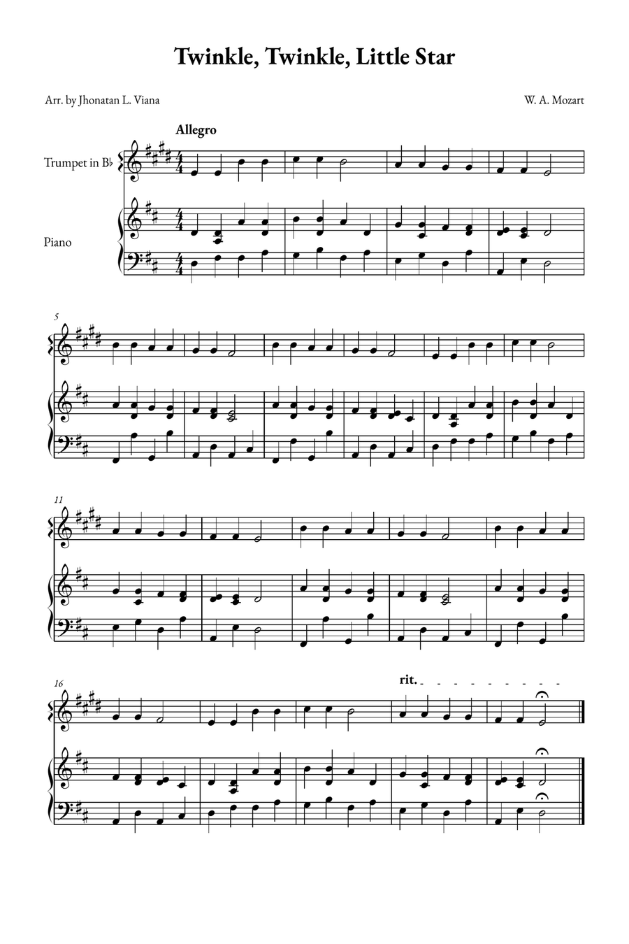 Twinkle, Twinkle, Little Star B-Flat Trumpet scores gallery preview page 1