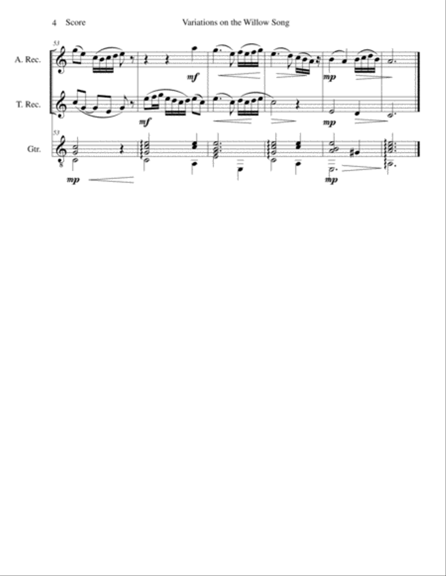 Variations on The Willow Song for alto and tenor recorders and guitar Alto Recorder scores gallery preview page 4