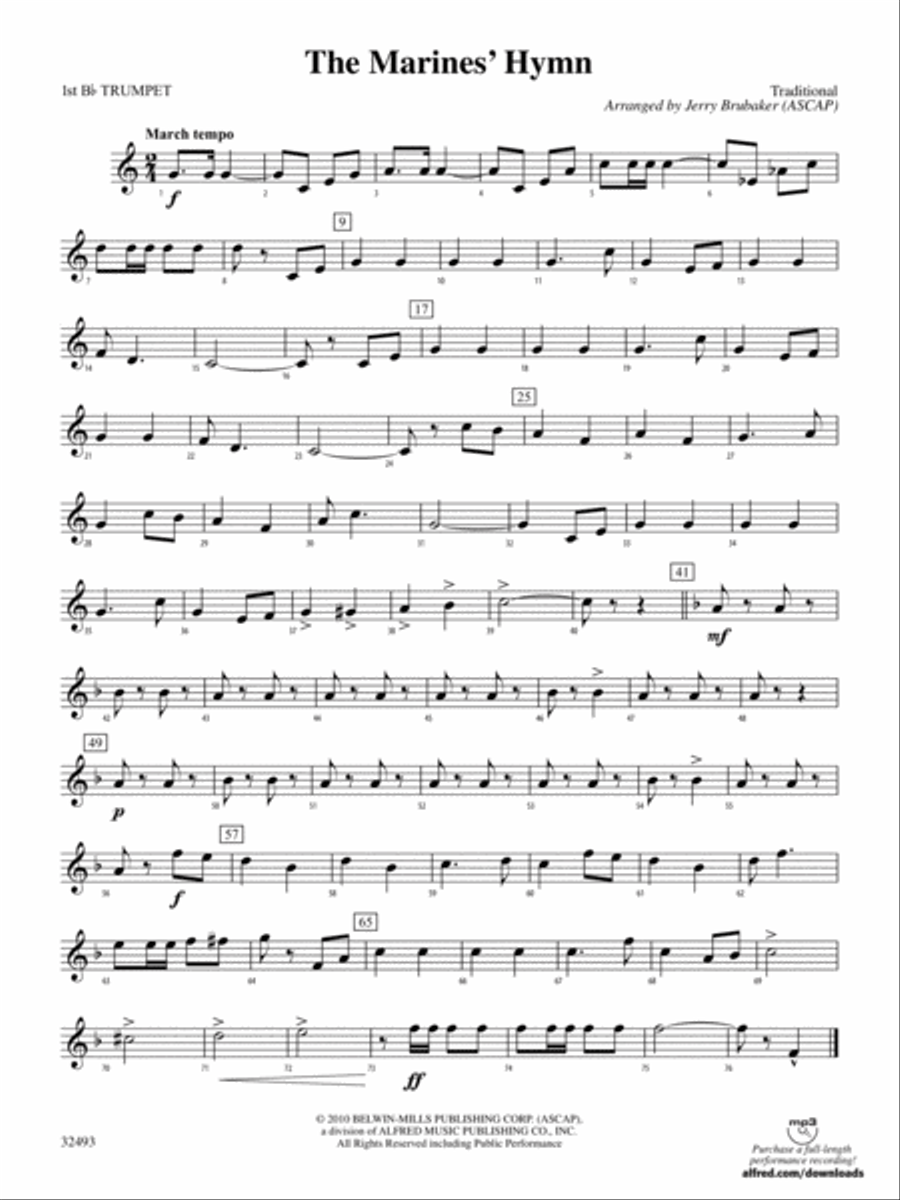 The Marines' Hymn: 1st B-flat Trumpet Concert Band scores gallery preview page 1
