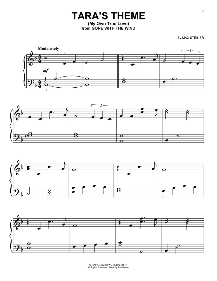 Tara's Theme (My Own True Love) (from Gone With The Wind) Easy Piano scores gallery preview page 1
