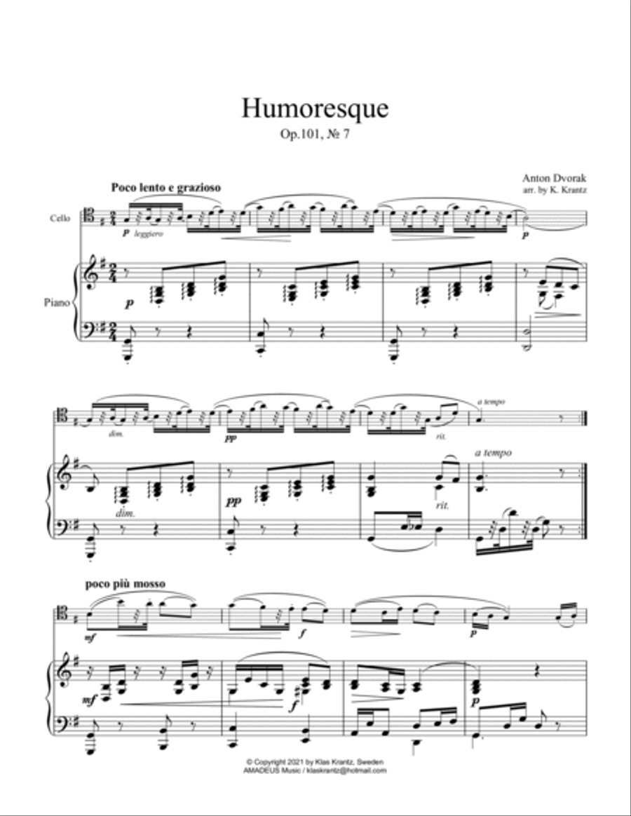 Humoresque, Op. 101, No. 7 for cello and piano Piano Accompaniment scores gallery preview page 2