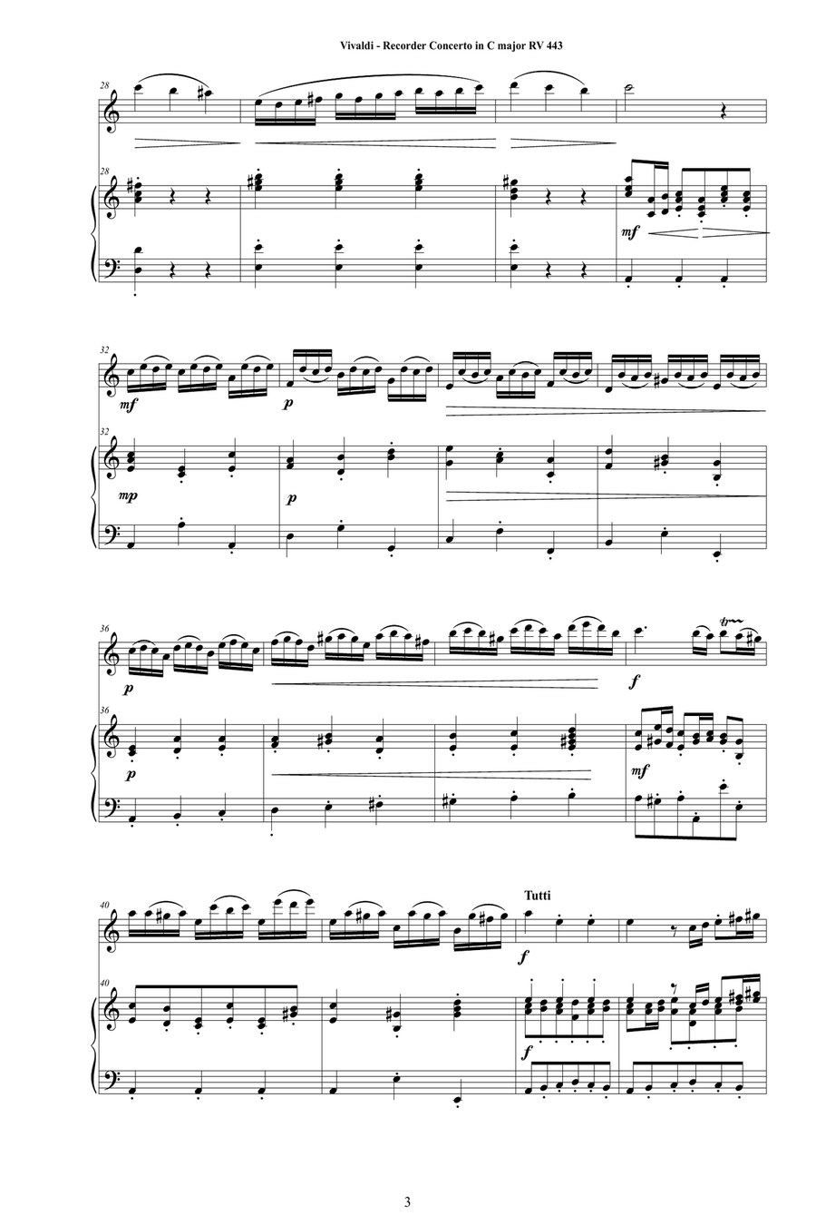 Vivaldi - Recorder Concerto in C major RV 443 for Flautino and Piano Alto Recorder scores gallery preview page 3