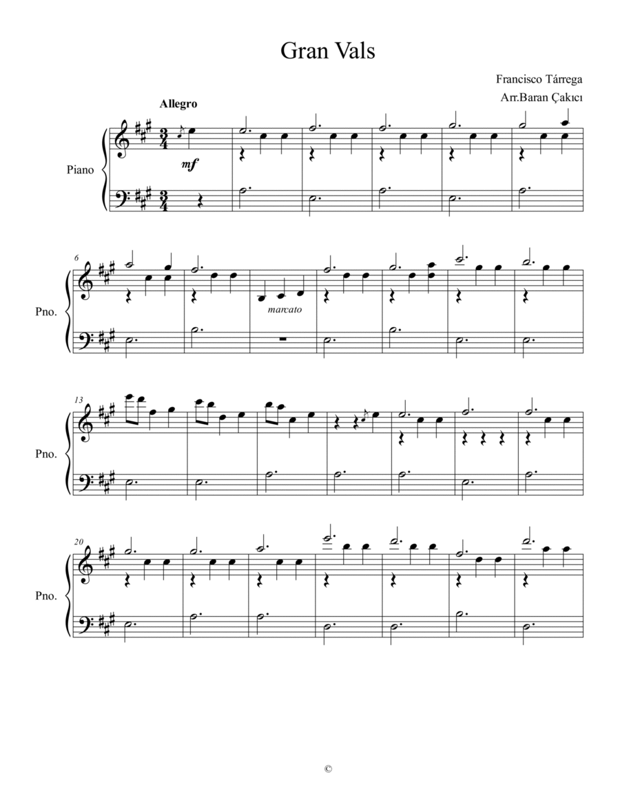 Gran Vals Gran Vals Easy Piano scores gallery preview page 1
