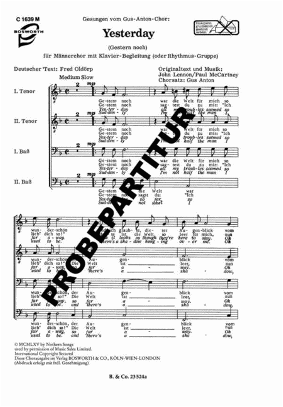 Yesterday Yesterday Men's Choir scores gallery preview page 1