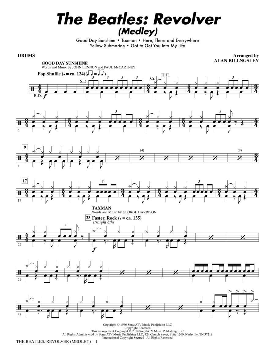 The Beatles: Revolver (Medley) (arr. Alan Billingsley) - Drums Choir scores gallery preview page 1