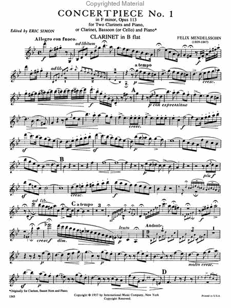 Concert Piece No. 1 in F minor, Op. 113 for Clarinet, Bassoon & Piano or 2 Clarinets & Piano