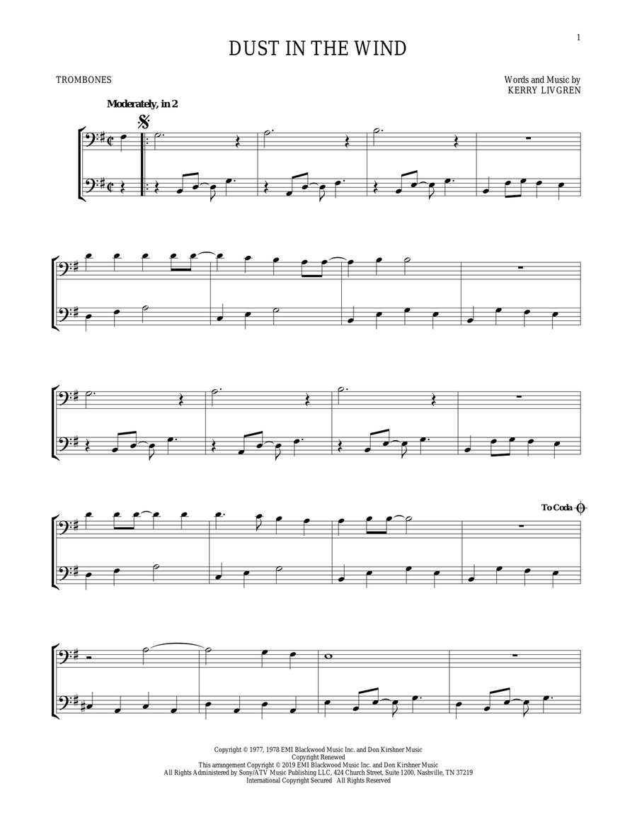Dust In The Wind Trombone Duet scores gallery preview page 1