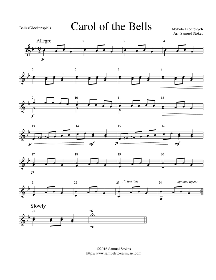 Carol of the Bells solo glockenspiel bell set by Samuel Stokes
