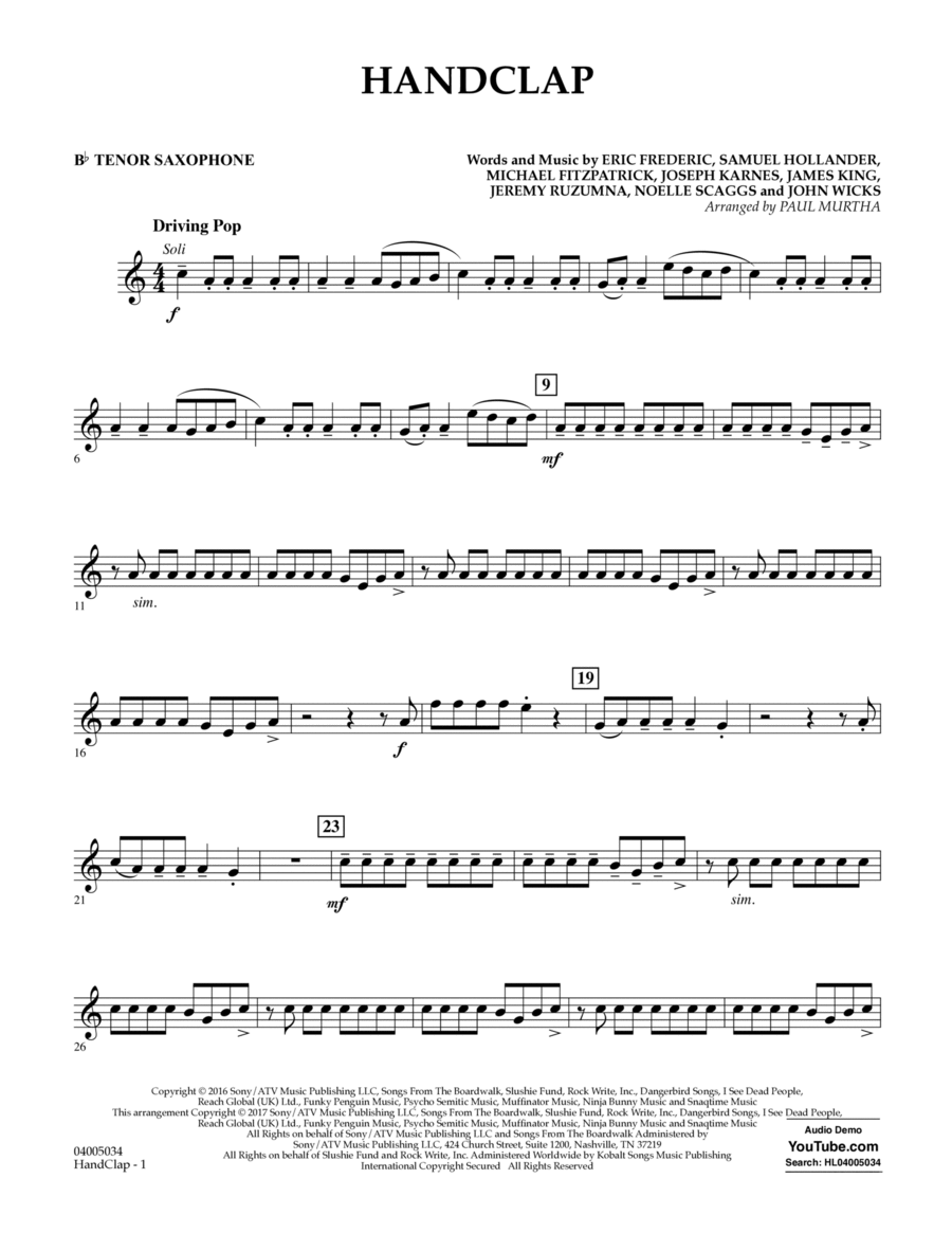 HandClap - Bb Tenor Saxophone Concert Band scores gallery preview page 1