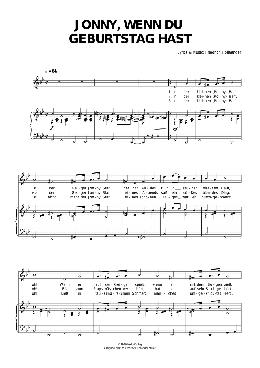 Jonny, Wenn Du Geburtstag Hast Piano, Vocal scores gallery preview page 1