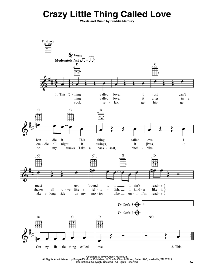 Crazy Little Thing Called Love Baritone Ukulele scores gallery preview page 1