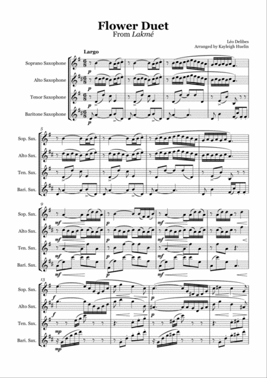 Flower Duet from Lakmé (Delibes) - Saxophone quartet (SATB) Saxophone Quartet scores gallery preview page 1