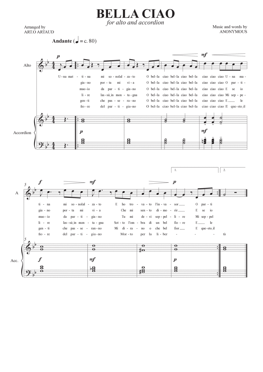 Bella Ciao Alto Voice scores gallery preview page 1