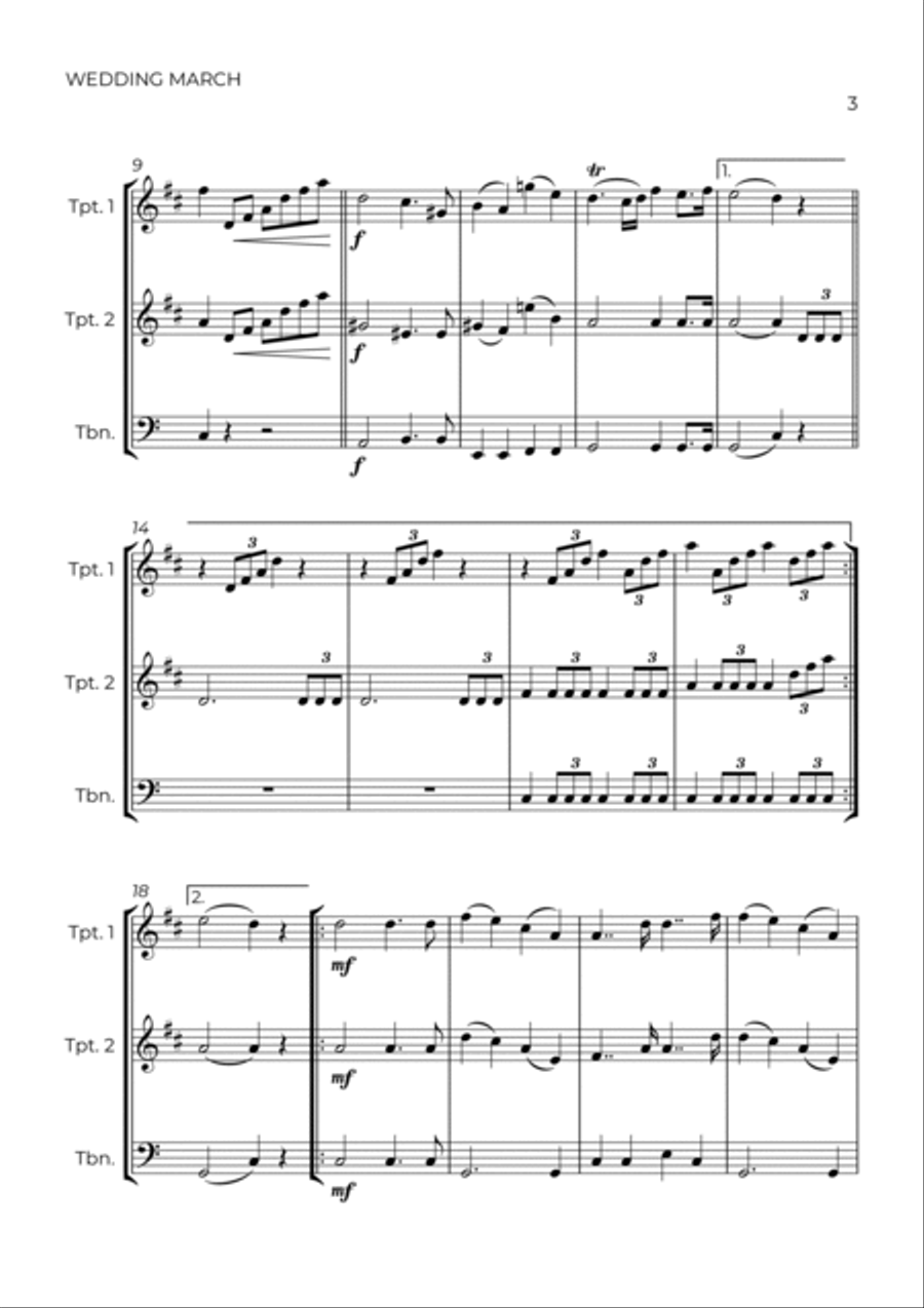 WEDDING MARCH - MENDELSSOHN - BRASS TRIO (TRUMPET 1, TRUMPET 2 & TROMBONE) Brass Trio scores gallery preview page 3