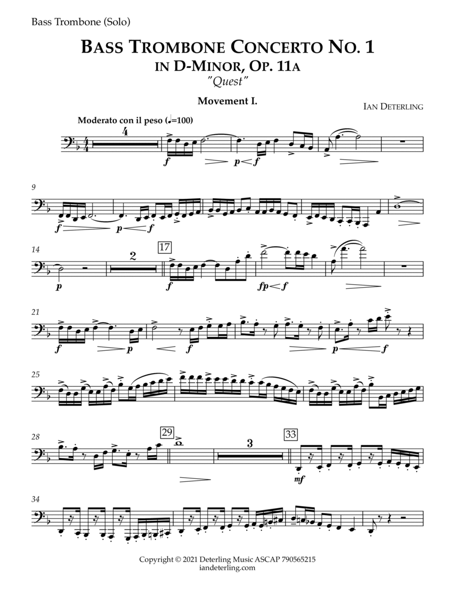 Bass Trombone Concerto No. 1 in D-Minor Bass Trombone scores gallery preview page 1