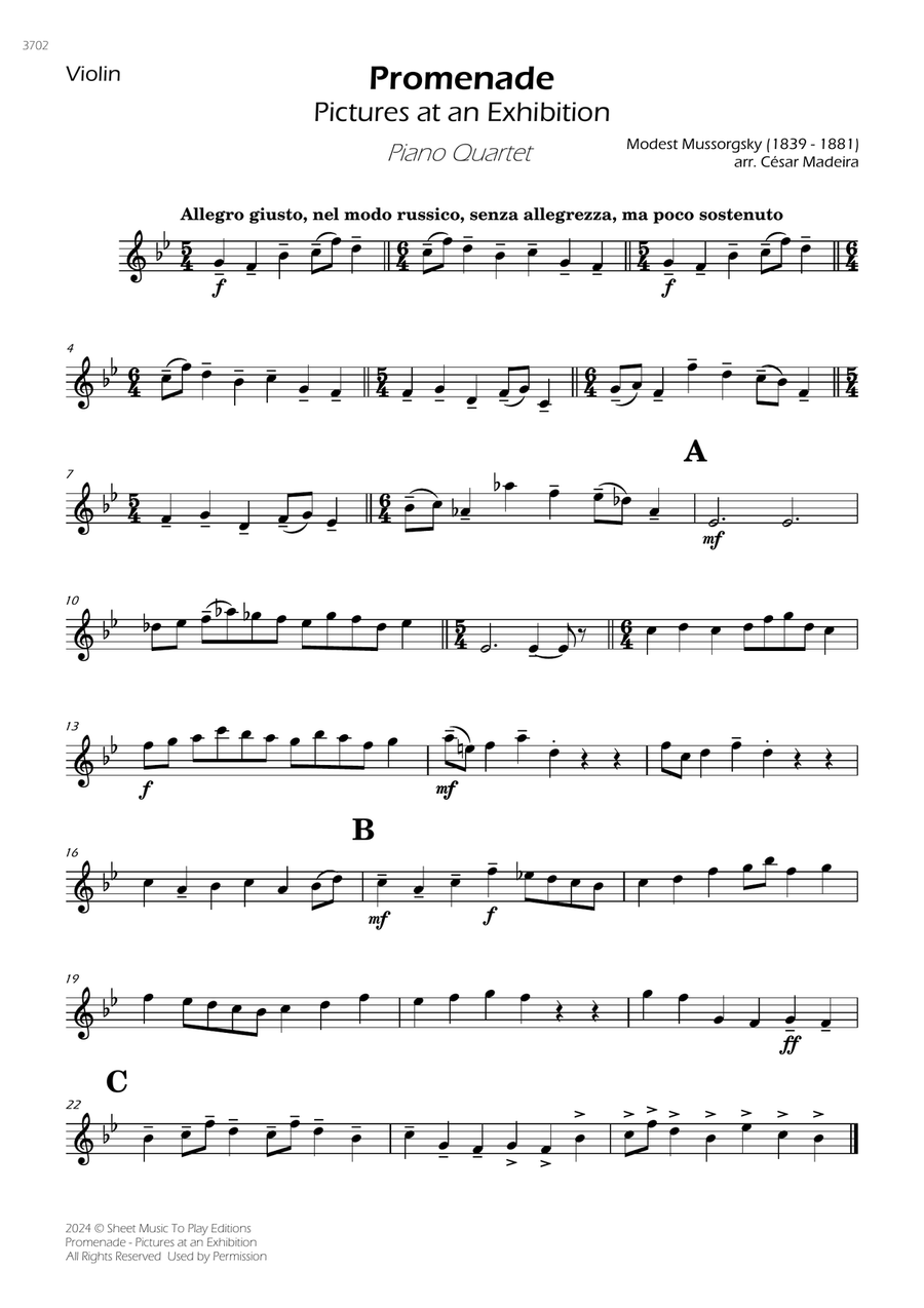Pictures at an Exhibition - Promenade - Piano Quartet (Individual Parts) Piano Quartet scores gallery preview page 1