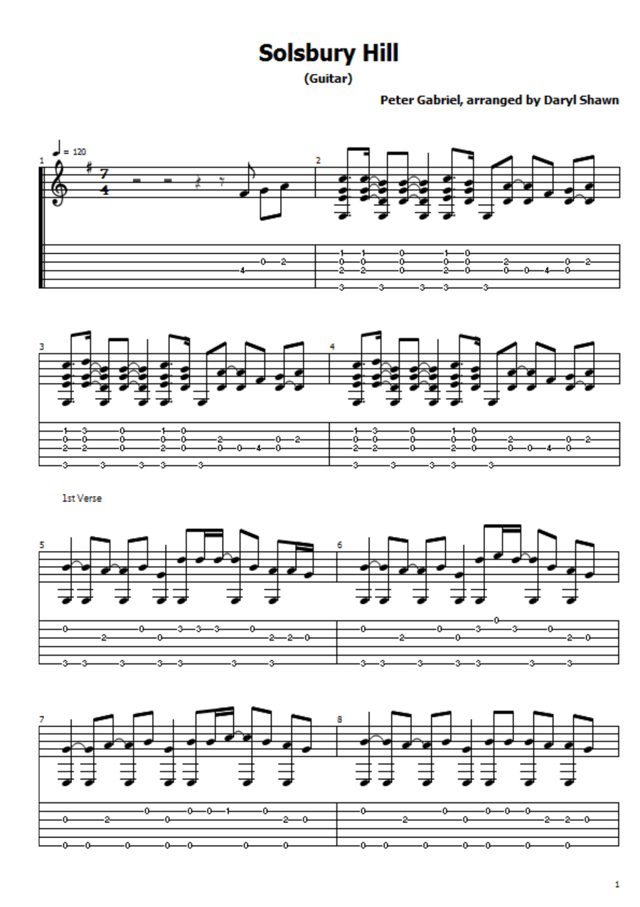 Solsbury Hill Guitar Tablature scores gallery preview page 1