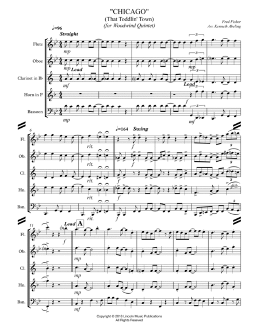 CHICAGO (That Toddlin' Town) (for Woodwind Quintet) Woodwind Quintet scores gallery preview page 2