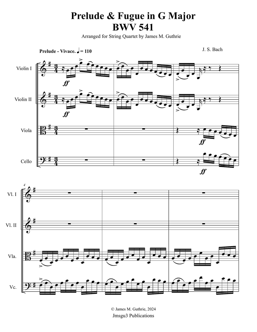 Bach: Prelude & Fugue in G Major BWV 541 for String Quartet String Quartet scores gallery preview page 1