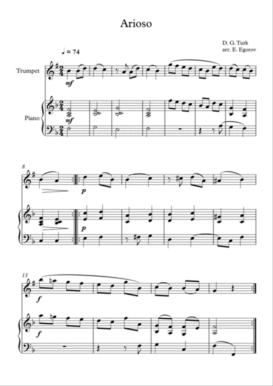 Arioso, Daniel Gottlob Turk, For Trumpet & Piano Trumpet Solo scores gallery preview page 1