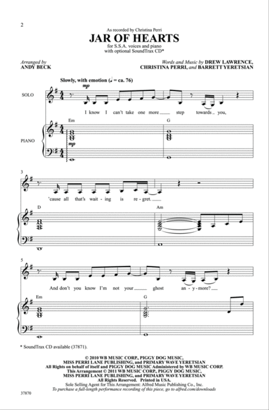Jar of Hearts - SoundTrax CD (CD only) Choir scores gallery preview page 2