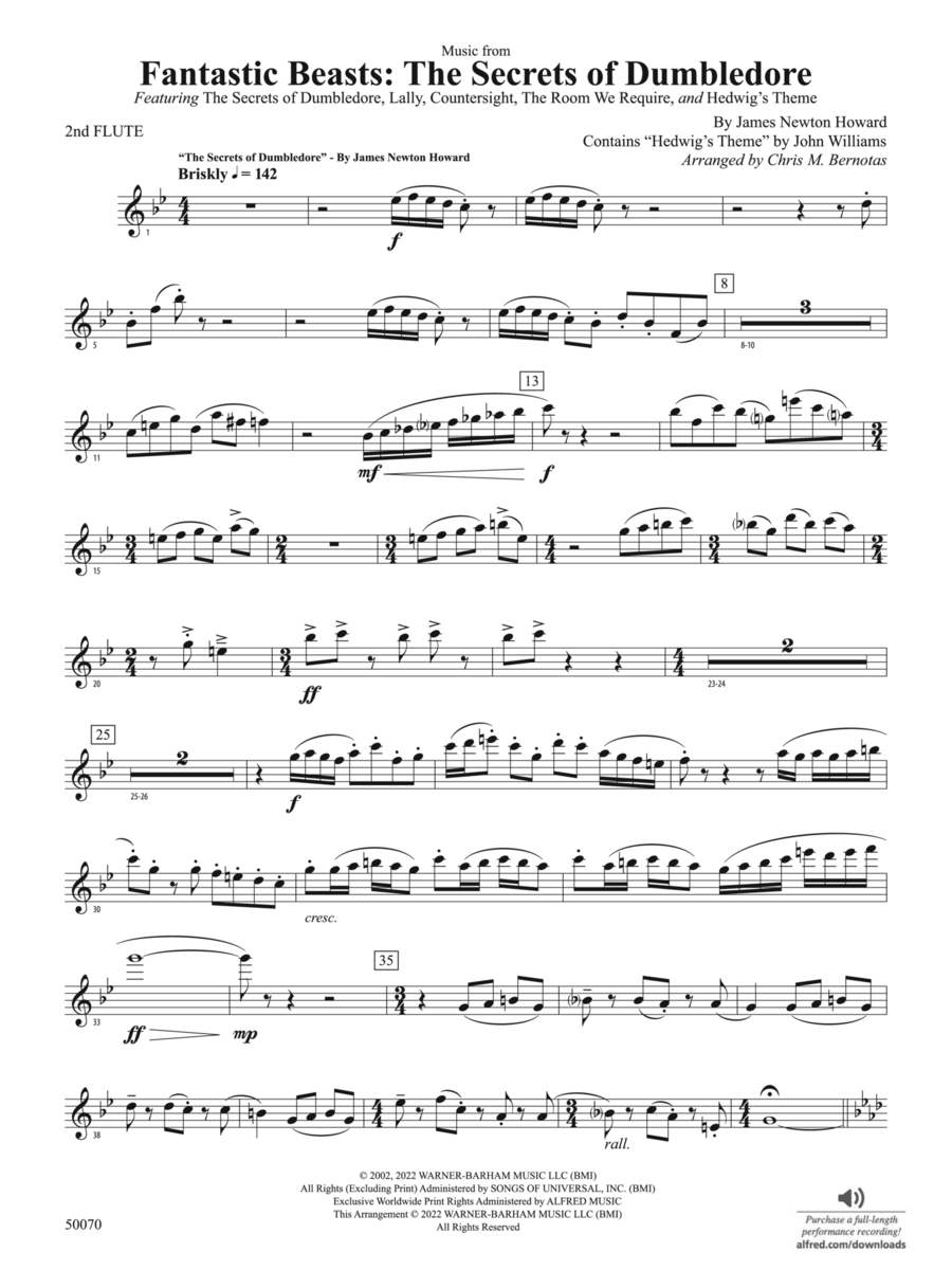 Fantastic Beasts: The Secrets of Dumbledore: 2nd Flute Concert Band scores gallery preview page 1
