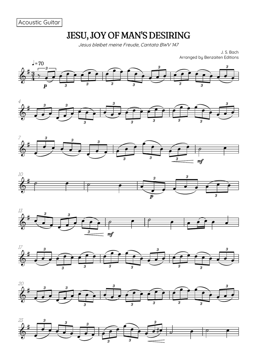 JS Bach • Jesu, Joy of Man's Desiring | Cantata BWV 147 | acoustic guitar sheet music Acoustic Guitar scores gallery preview page 1
