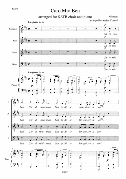 Giordani Caro Mio Ben arranged for SATB choir and piano (or organ)